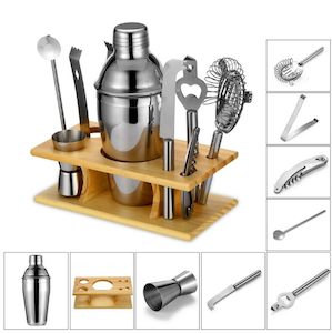 Gifts Under 100: 9pcs Wooden Stand Cocktail Shaker Set - Stainless Steel