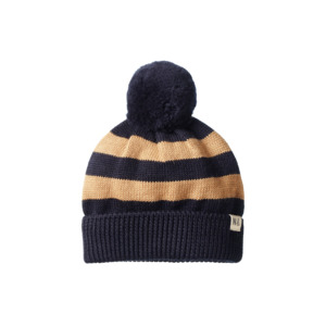 New In Nature Baby: Alpine Merino Pom Pom Beanie - Navy/Caramel Stripe