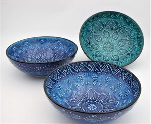 26 Cm Turkish Hand Painted Ceramic Bowls In Turquoise