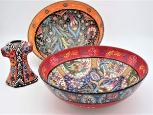 30Cm Turkish Hand Painted Ceramic Bowls In Colourful Relief