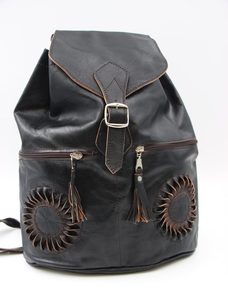 Genuine Moroccan Leather Back Pack – Black With Black 3D Sunflowers