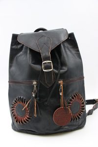 Genuine Moroccan Leather Back Pack – Black With Brown & Black 3D Sunflowers