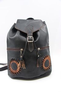 Genuine Moroccan Leather Back Pack – Black With Tan & Black 3D Sunflowers