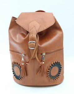 Genuine Moroccan Leather Back Pack – Tan With Black & Tan 3D Sunflowers