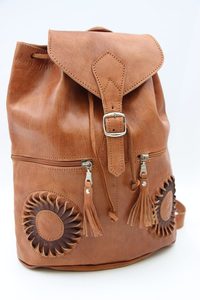 Genuine Moroccan Leather Back Pack – Tan With Black/Brown 3D Sunflowers