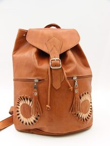 Genuine Moroccan Leather Back Pack – Tan With Cream/Tan 3D Sunflowers