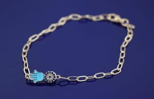 Products: Turkish Evil Eye Bracelet With Teal Hamsa Hand B107d