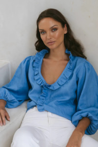 Ljc: Olive Ruffle Shirt | Meadow Blue