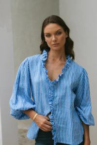 Ljc: Olive Ruffle Shirt | Ocean Stripe