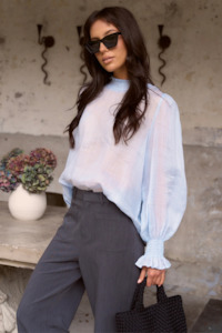 Embrace Ice Blue Ramie Shirred Neck LS Top