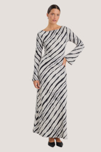 New Arrivals 1: Luminous Charcoal Irregular Stripe Fluted Sleeve Bias Maxi Dress - Charcoal Irregular Stripe
