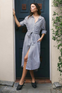 Forward Black Stripe Cotton Midi Shirt Dress