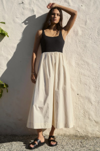 Obsidian Black and Ecru Square Neck Contrast Midi Dress