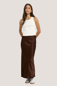 Rosette Chocolate Satin Bias Midi Skirt