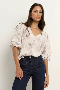 Tops 1: Recall Ivory Sketch Floral Pleat Sleeve Crew Top