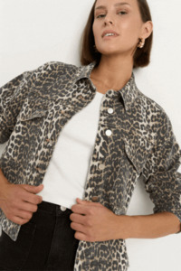 Outerwear: Echo Leopard Print Patch Pocket Denim Jacket