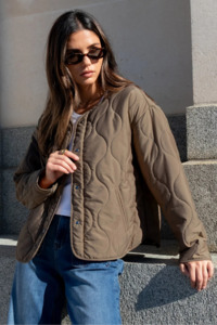 Outerwear: Apex Mocha Collarless Puffer Jacket
