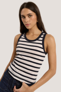 Under 50: Cobble Navy Ecru Stripe Rib Cutaway Tank