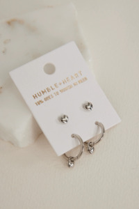 Heart Sleeper & Stud Set Earrings | Rhodium