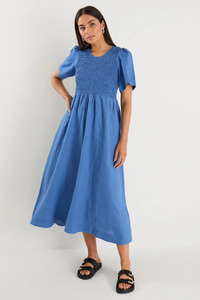 Maxi Dresses: Wren Cornflower Blue Linen SS Shirred Bodice Midi Dress