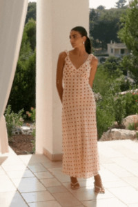 Maxi Dresses: Delightful Cream Cherry Polka Dot Georgette Bias Slip Maxi Dress