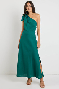 Maxi Dresses: Mirror Forest Linen Blend One Shoulder Bow Midi Dress