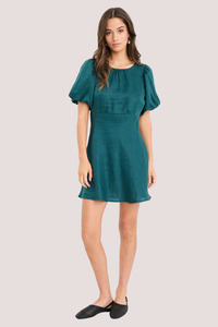 Mini Dresses: Delphine Forest Linen Puff Sleeve Mini Dress