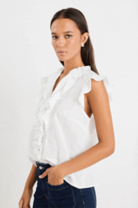 Ritzy Ivory Ruffle Front Sleeveless Top