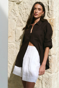 Shorts And Skirts: Literal Ivory Linen Pleat Front Shorts