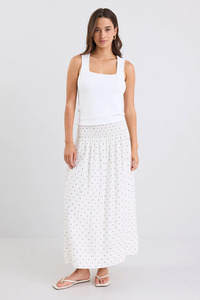 Shorts And Skirts: Wanderlust Cream Polka Dot Shirred Waist Maxi Skirt