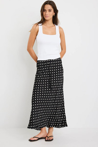 Rarity Black White Polka Dot Satin Tie Waist Bias Maxi Skirt