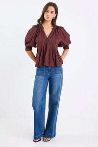 Among The Brave: Esteem Chocolate Voile Pleated Short Sleeve Button-Through Top