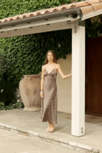Otherworldly Chocolate Polka Dot Satin Bias Slip Midi Dress