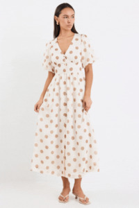 Maxi Dresses: Lisbon Copper Polka Dot Puff Sleeve Midi Dress