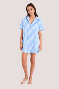 Mini Dresses: Mykonos Blue Stripe Short Sleeves Mini Shirt Dress