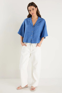 Under 100: Meander Cornflower Blue Linen Boxy SS Shirt