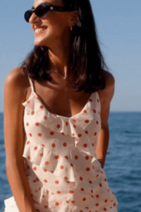 Under 100: Outgoing Cream Cherry Polka Dot Frill Front Cami Top
