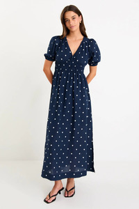 Maxi Dresses: Eloquent Navy Polka Dot Flutter Sleeve Maxi Dress