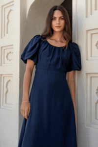 Maxi Dresses: Chorus Navy Puff Sleeve Scoop Neck Floaty Maxi Dress