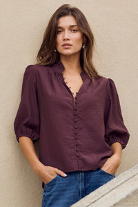 Tops 1: Continuance Chocolate Semi Sheer High Neck Buttoned Short Sleeve Top