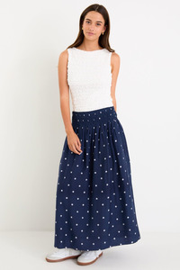 Shorts And Skirts: Wanderlust Navy Polka Dot Shirred Waist Maxi Skirt
