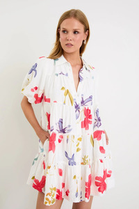 Dresses 1: Dahlia Cream Poppy Floral Puff Sleeve Mini Tiered Shirt Dress