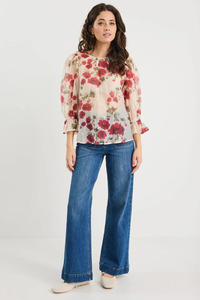 Candid Cream Red Rose Crew Neck Mid Sleeve Top