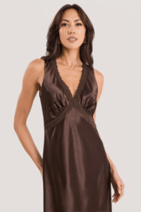 Castle Chocolate Satin Lace Trim Maxi Dress