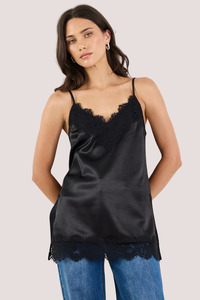 Tops 1: Noir Black Satin Lace Trim Cami