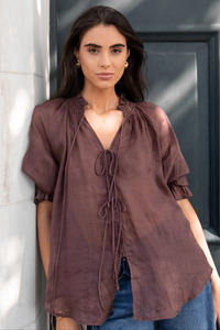 Tops 1: Prospect Chocolate Tie Front Mid Sleeve Top
