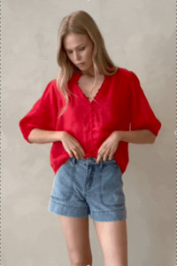 Tops 1: Continuance Poppy Ramie High Neck Buttoned SS Top