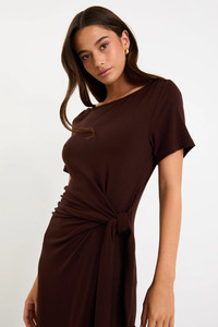 Dresses 1: Vortex Chocolate Short Sleeve Waist Tie Knit Tee Shirt Dress