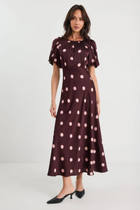 Maxi Dresses: Stage Plum Polka Dot Puff Sleeve Satin Floaty Maxi Dress