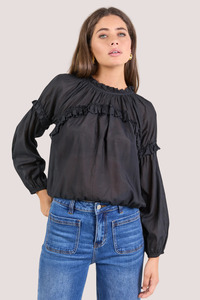 Tops 1: Manifest Black Voile Frill Detail LS Top